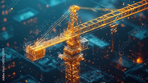 A yellow construction crane with digital technology overlay 