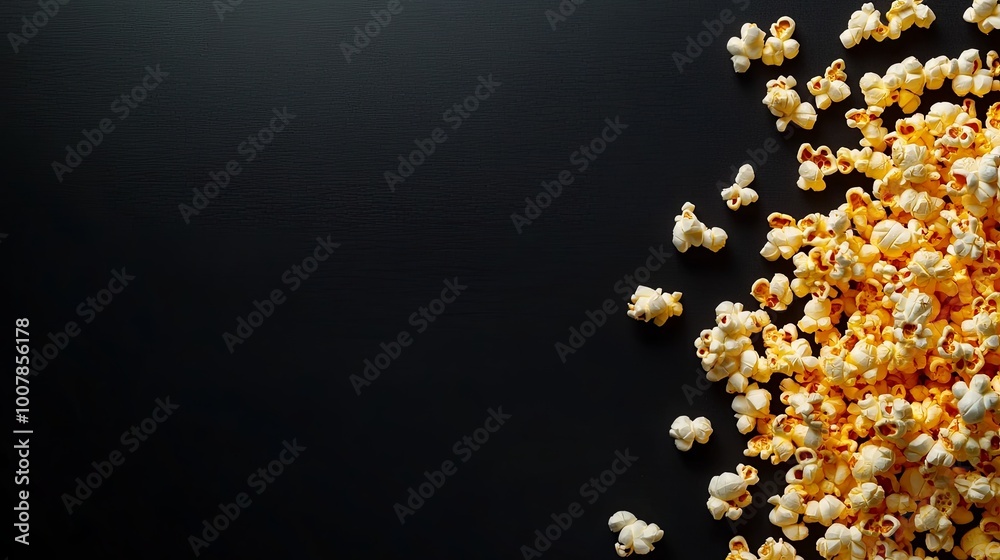 Freshly popped popcorn scattered on a dark surface Freshly popped popcorn scattered on a dark surface