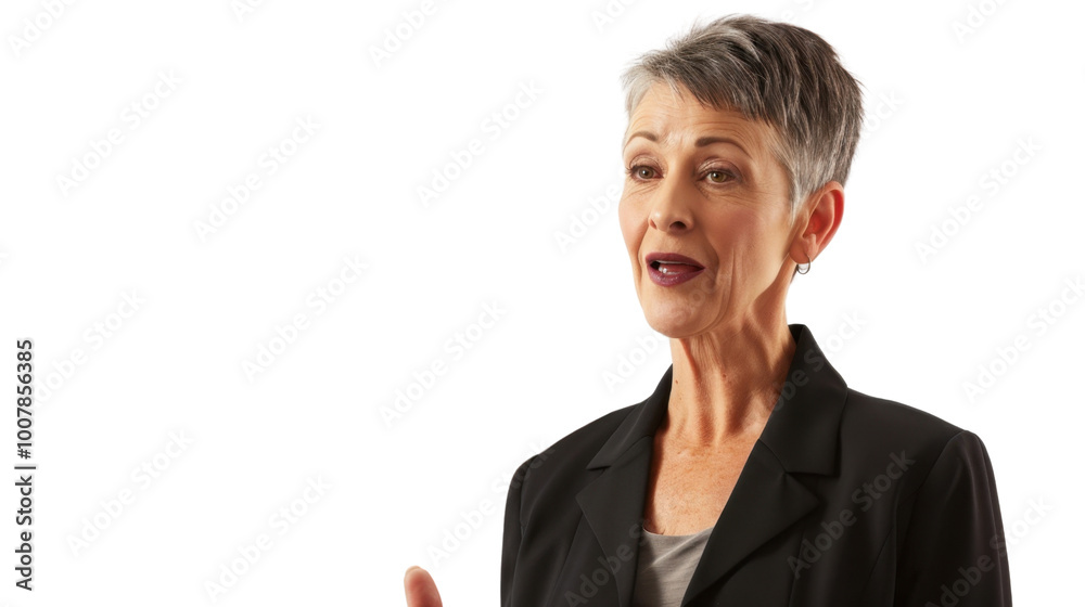 Senior Caucasian female entrepreneur speaking to a team on white background Senior Caucasian female entrepreneur speaking to a team on white background