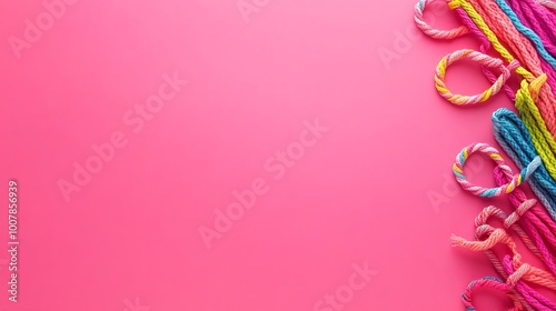 Colorful ropes arranged on a vibrant pink background photo