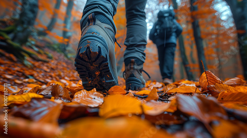 A Close-up View of the Feet of Two Hikers Walking Through a Forest Covered in Autumn Leaves