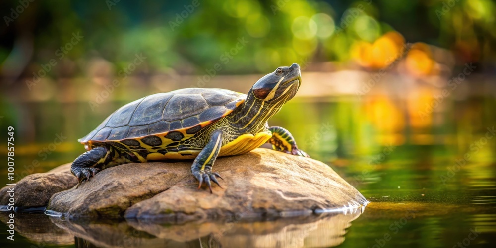 Fototapeta premium Close-up of a solitary turtle resting on a rock surrounded by calm waters , turtle, solitude, peaceful, relaxation, tranquil
