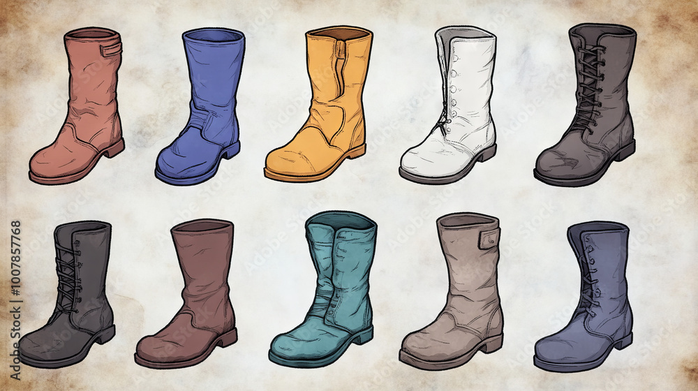 Collection of 12 different styles of boots. Collection of 12 different styles of boots.