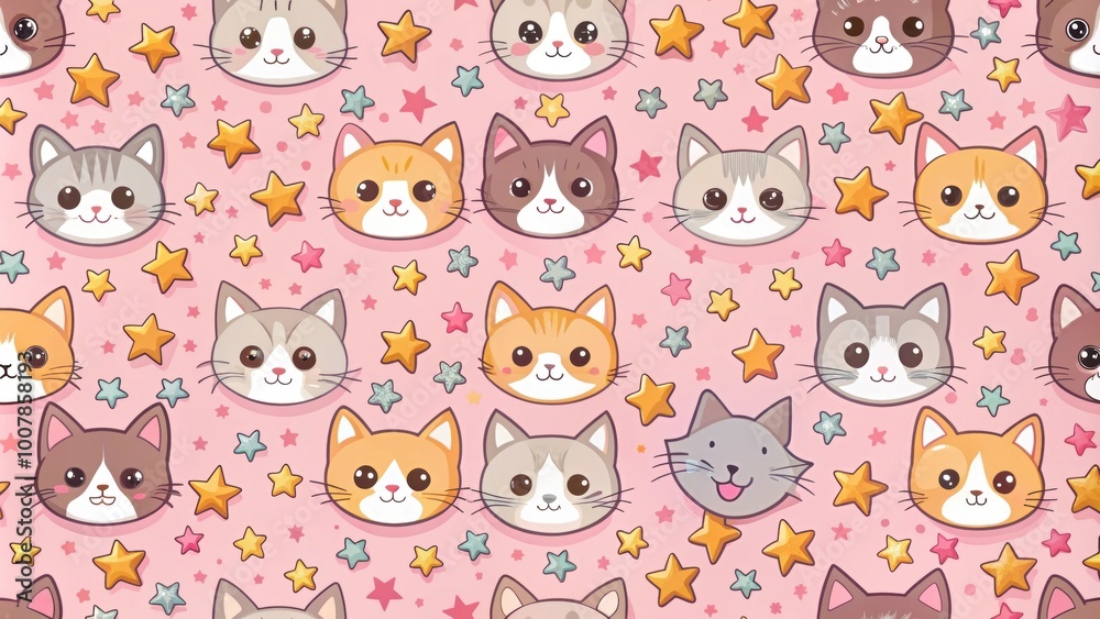Seamless pattern with cute cats and stars on pink background, cats, stars, pink, seamless, pattern, swatch, cute, feline Seamless pattern with cute cats and stars on pink background, cats, stars, pink, seamless, pattern, swatch, cute, feline