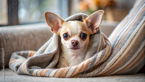 Funny chihuahua puppy snuggled under a blanket on a couch in a cozy living room , Cute, puppy, chihuahua, blanket, couch, indoors