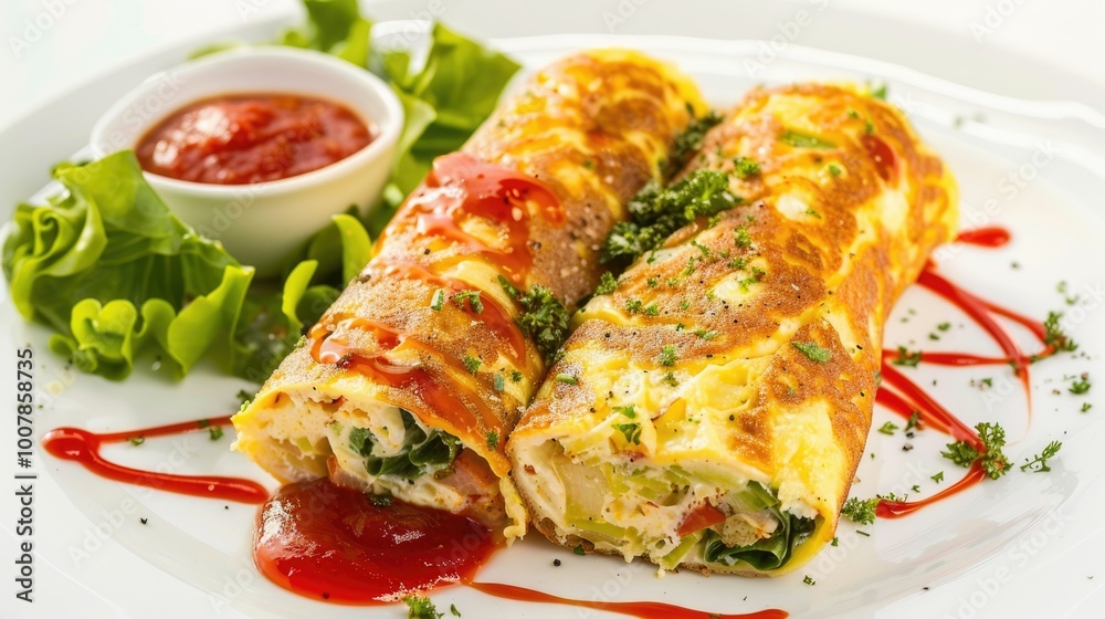A plate of food with a red sauce on top A plate of food with a red sauce on top