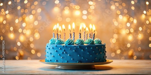 Blue birthday cake with lit candles and warm bokeh lights in background, birthday, cake, blue, candles, celebration, party