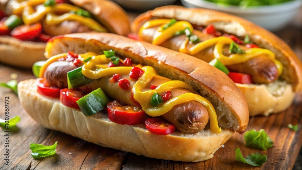 Kielbasa sausages on bread buns topped with melted cheese and peppers, food, sausage, sandwich, bun, lunch, dinner, meal Kielbasa sausages on bread buns topped with melted cheese and peppers, food, sausage, sandwich, bun, lunch, dinner, meal