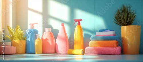 Wallpaper Mural Colorful Bathroom Essentials with Sunlight and Shadows on a Vibrant Shelf Displaying Towels and Cleaning Products Torontodigital.ca