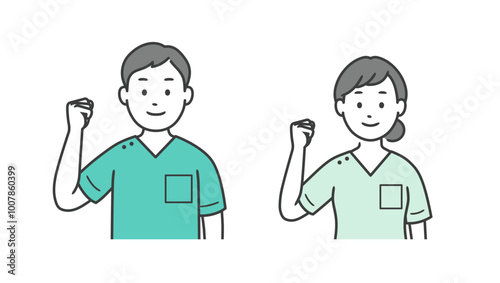 ガッツポーズをする歯科医男女の上半身イラスト