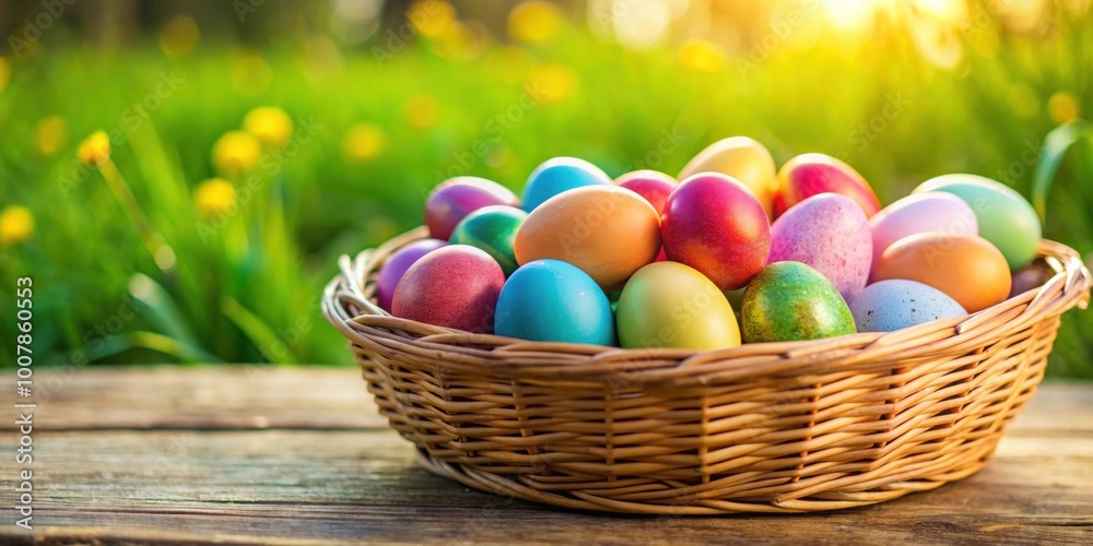 Easter eggs in a basket with selective focus , holiday, spring, colorful, traditional, festive, celebration, decoration Easter eggs in a basket with selective focus , holiday, spring, colorful, traditional, festive, celebration, decoration