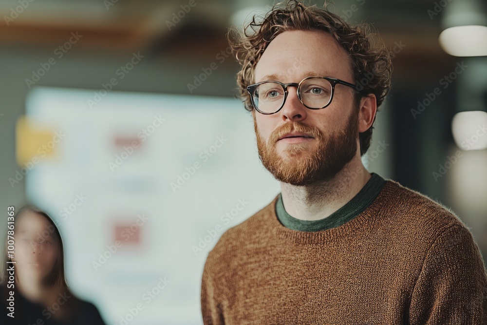 Young creative director presenting a project to clients, using a laptop and showing slides on a screen Young creative director presenting a project to clients, using a laptop and showing slides on a screen
