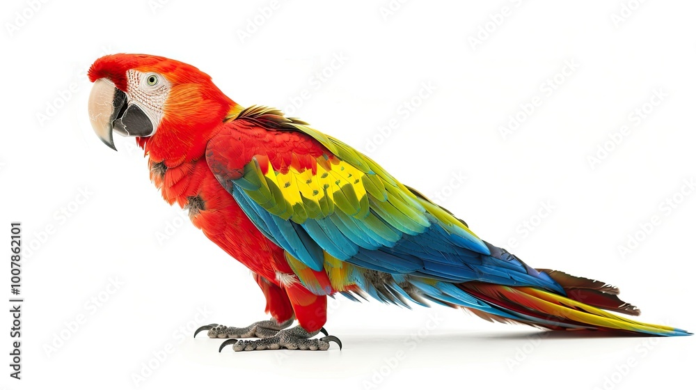 Fototapeta premium A colorful parrot is standing on a white background