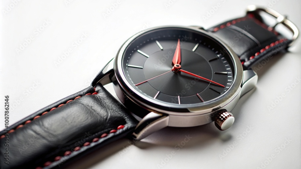 Closeup of black wrist watch with red pointer and leather straps on a white background, watch, macro, product shot Closeup of black wrist watch with red pointer and leather straps on a white background, watch, macro, product shot