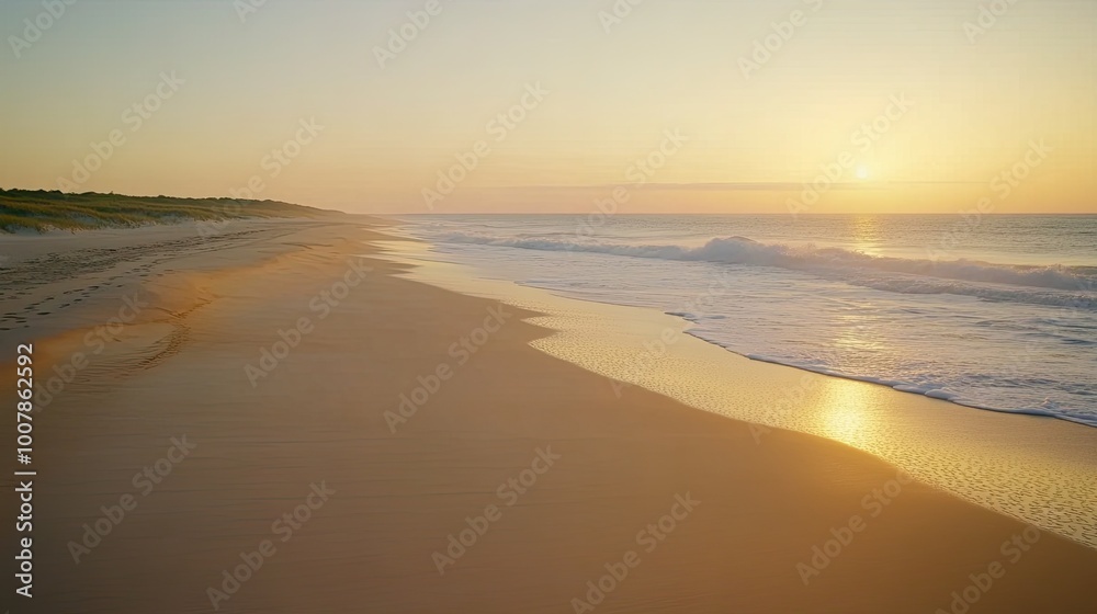 Serene Sandy Beach at Sunrise with Calm Sea Serene Sandy Beach at Sunrise with Calm Sea