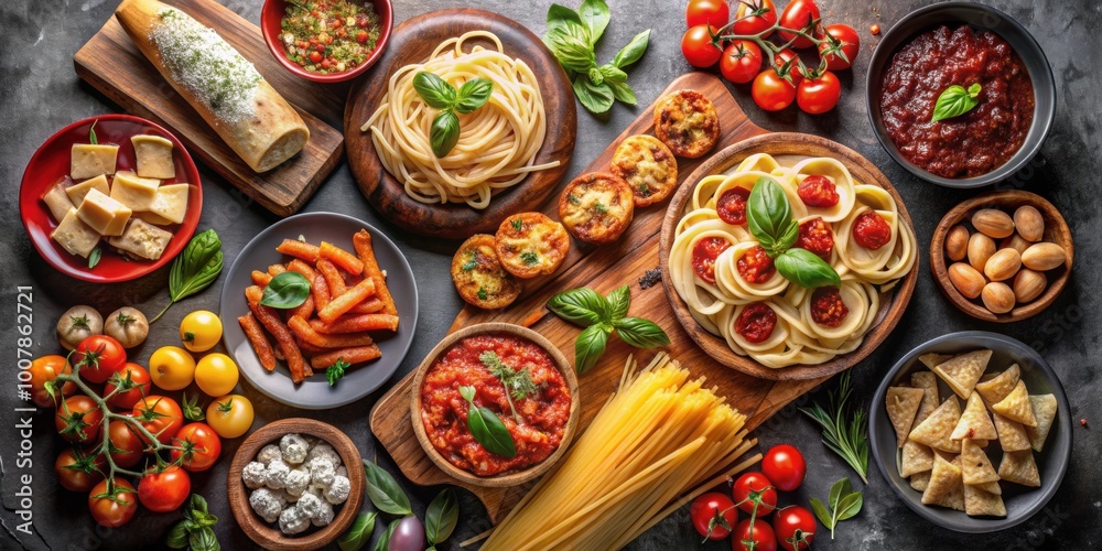 Assortment of delicious Italian food on a dark background, Italian, food, cuisine, pasta, pizza, olives, cheese, tomatoes Assortment of delicious Italian food on a dark background, Italian, food, cuisine, pasta, pizza, olives, cheese, tomatoes
