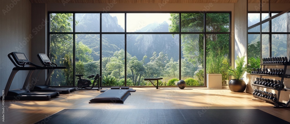 A modern gym with fitness equipment and a scenic mountain view. A modern gym with fitness equipment and a scenic mountain view.