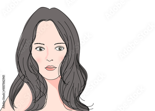 Obraz na płótnie 女性の顔 正面アップ ロングヘアの日本人女性の上半身前向きのイラスト w salonie