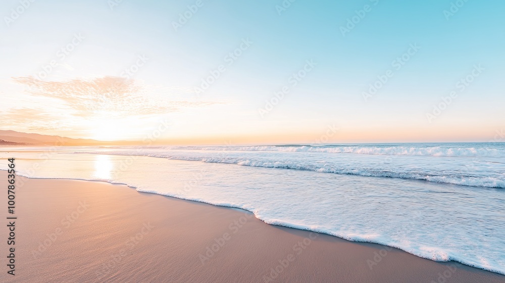 Serene Sandy Beach at Sunrise with Calm Sea Serene Sandy Beach at Sunrise with Calm Sea