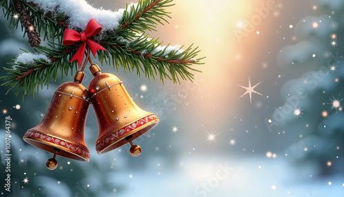 Christmas bells hanging on a snowy pine branch with a magical winter background