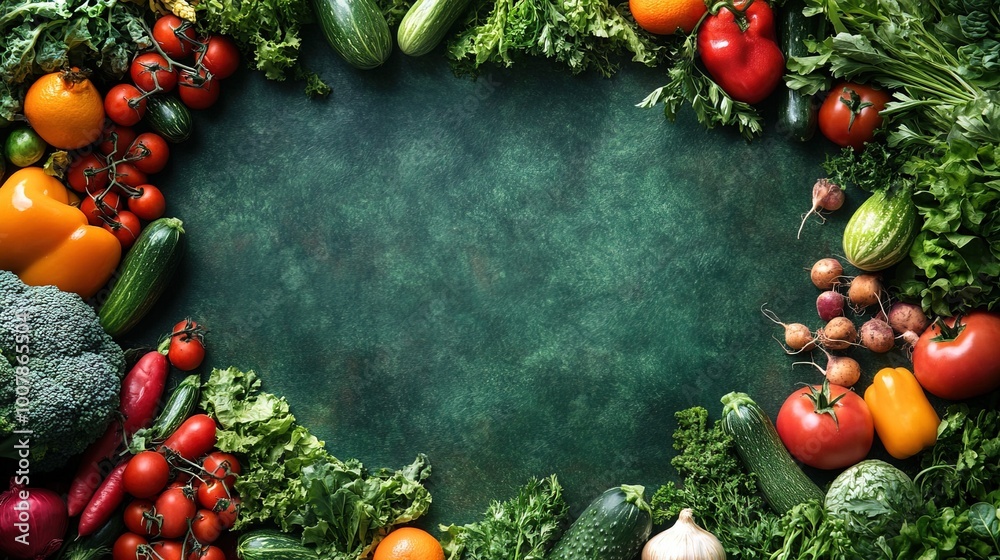 Vegetable frame with copy space center on a green background Vegetable frame with copy space center on a green background