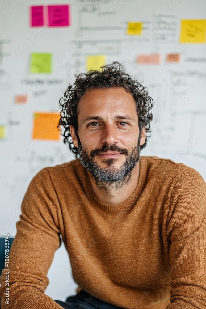 Young creative director brainstorming ideas on a whiteboard, surrounded by colorful markers and sticky notes Young creative director brainstorming ideas on a whiteboard, surrounded by colorful markers and sticky notes