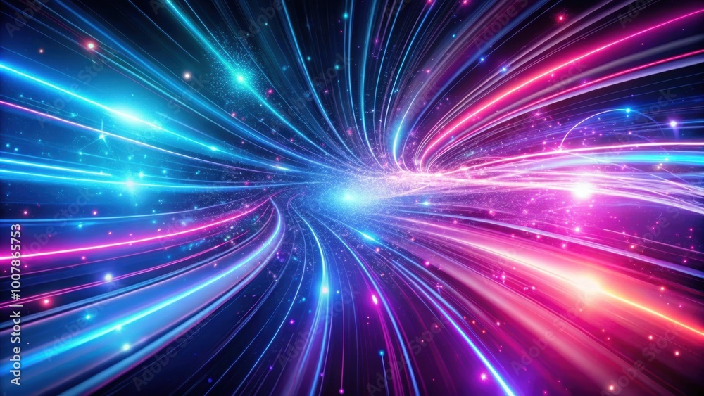 Fototapeta premium Abstract pink blue light trail background with cosmic elements and neon glowing rays in motion , light trail