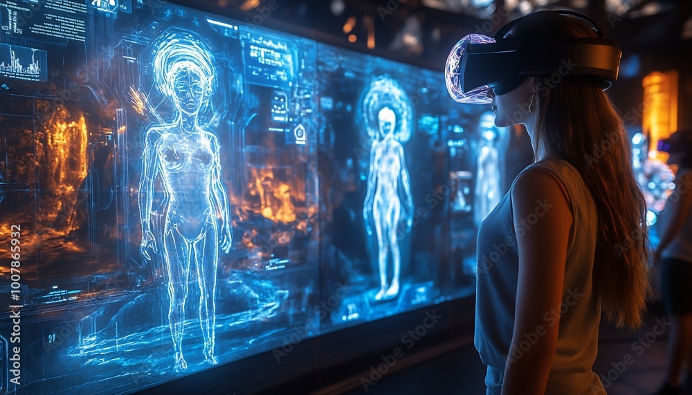 Young woman wearing VR headset, exploring futuristic holographic display. Young woman wearing VR headset, exploring futuristic holographic display.