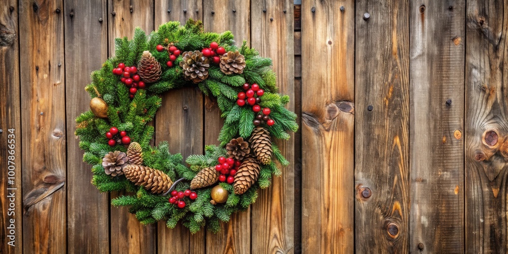 Cozy wreath hanging on rustic wooden door for timeless Christmas elegance, Christmas, wreath, cozy, rustic, wood, door Cozy wreath hanging on rustic wooden door for timeless Christmas elegance, Christmas, wreath, cozy, rustic, wood, door