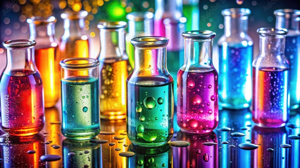 Close-up of glass vials with colorful liquid and droplets, perfect for a scientific or industrial themed background Close-up of glass vials with colorful liquid and droplets, perfect for a scientific or industrial themed background
