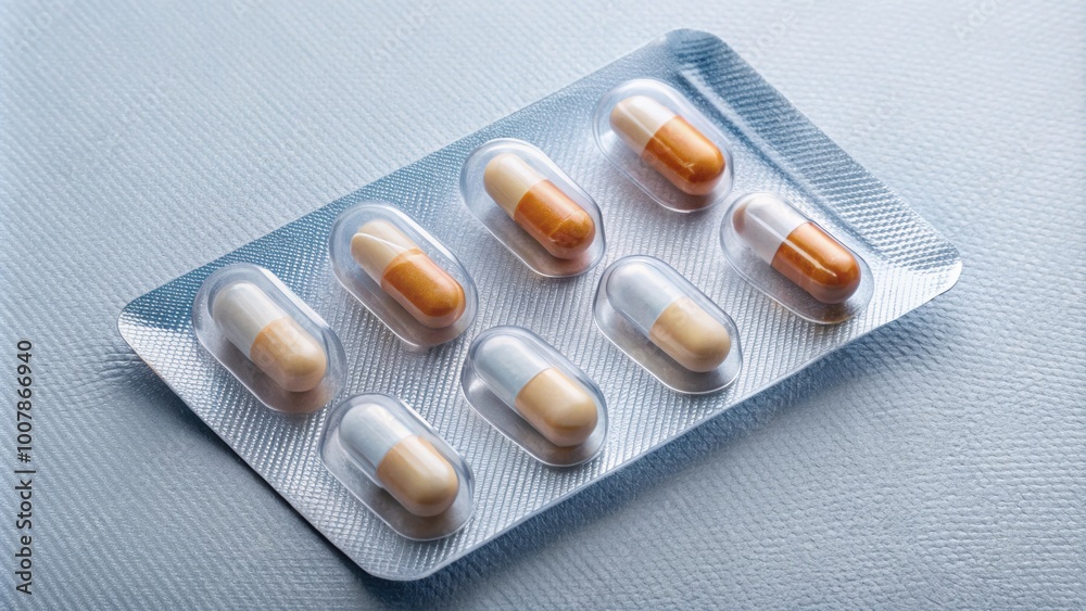 Horizontal pill tab in clear plastic with pills in pill packet, medicine, pharmacy, healthcare, medication Horizontal pill tab in clear plastic with pills in pill packet, medicine, pharmacy, healthcare, medication