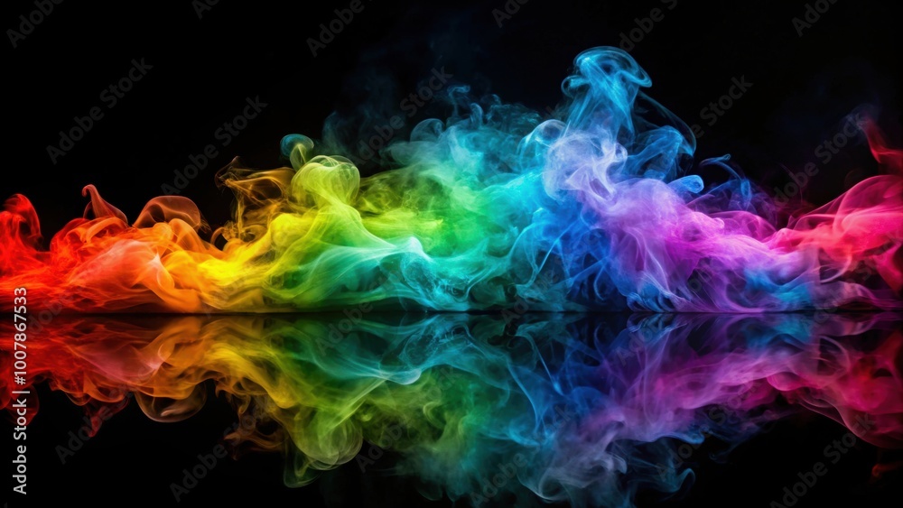 Vibrant display of colorful smoke waves reflecting on a dark surface, abstract, visual effect, colorful, vibrant, smoke Vibrant display of colorful smoke waves reflecting on a dark surface, abstract, visual effect, colorful, vibrant, smoke