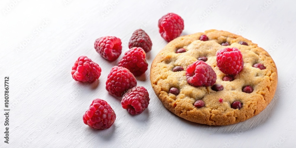 Cookie with visible raspberry pieces and whole raspberries on a light background, raspberry, cookie, dessert, sweet, snack, food Cookie with visible raspberry pieces and whole raspberries on a light background, raspberry, cookie, dessert, sweet, snack, food