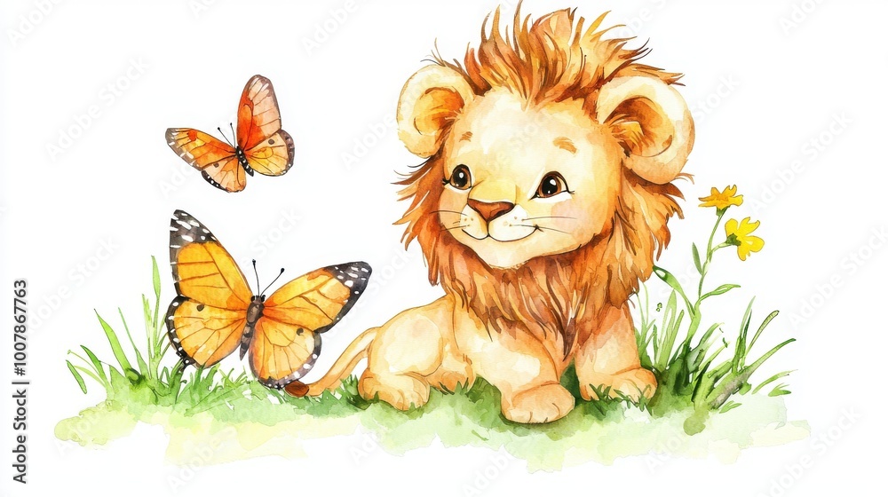 A cute lion cub plays joyfully with butterflies in a vibrant meadow full of grass and flowers, showcasing a delightful scene. A cute lion cub plays joyfully with butterflies in a vibrant meadow full of grass and flowers, showcasing a delightful scene.