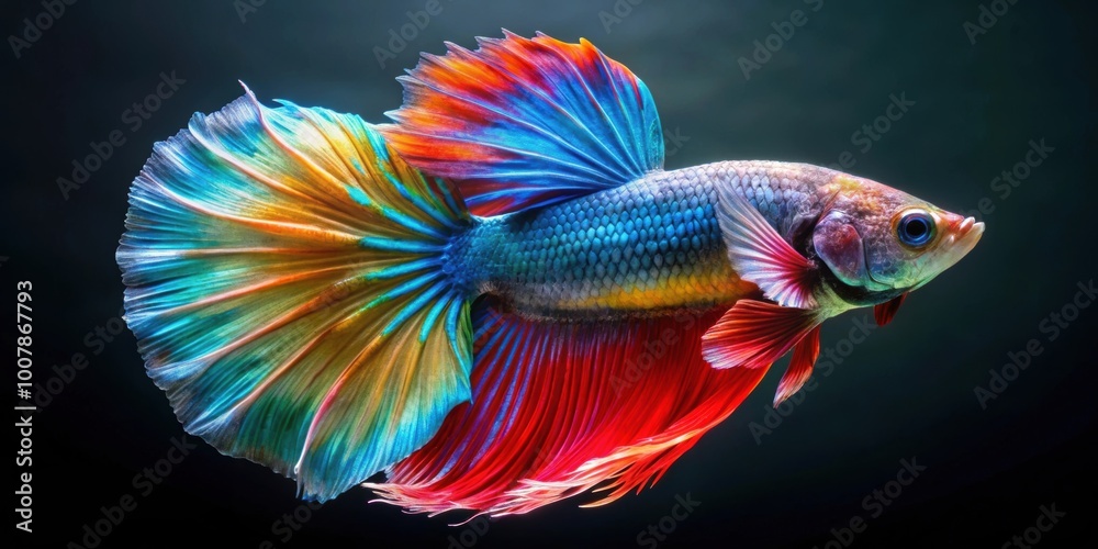 Vibrant multi color Siamese fighting fish in a Rosetail halfmoon variety swimming gracefully Vibrant multi color Siamese fighting fish in a Rosetail halfmoon variety swimming gracefully