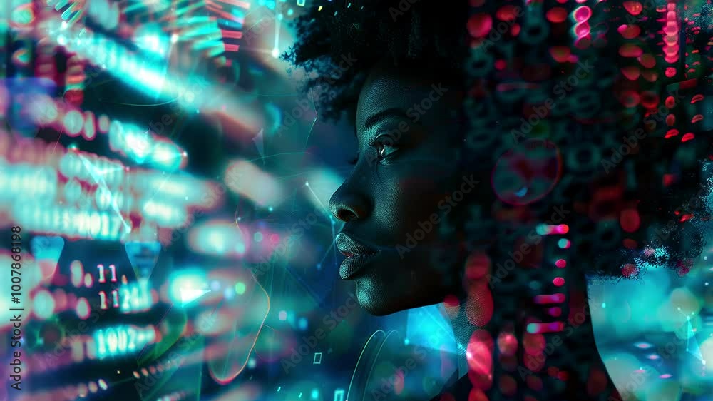 Black woman cyber security expert. With AI code illusminated overlay around her. Working in a data center. Female Computer Engineer. Background with flying patterns. Generate AI. Black woman cyber security expert. With AI code illusminated overlay around her. Working in a data center. Female Computer Engineer. Background with flying patterns. Generate AI.