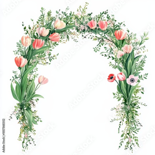 A floral arch adorned with pink tulips and greenery, ideal for celebrations or events.