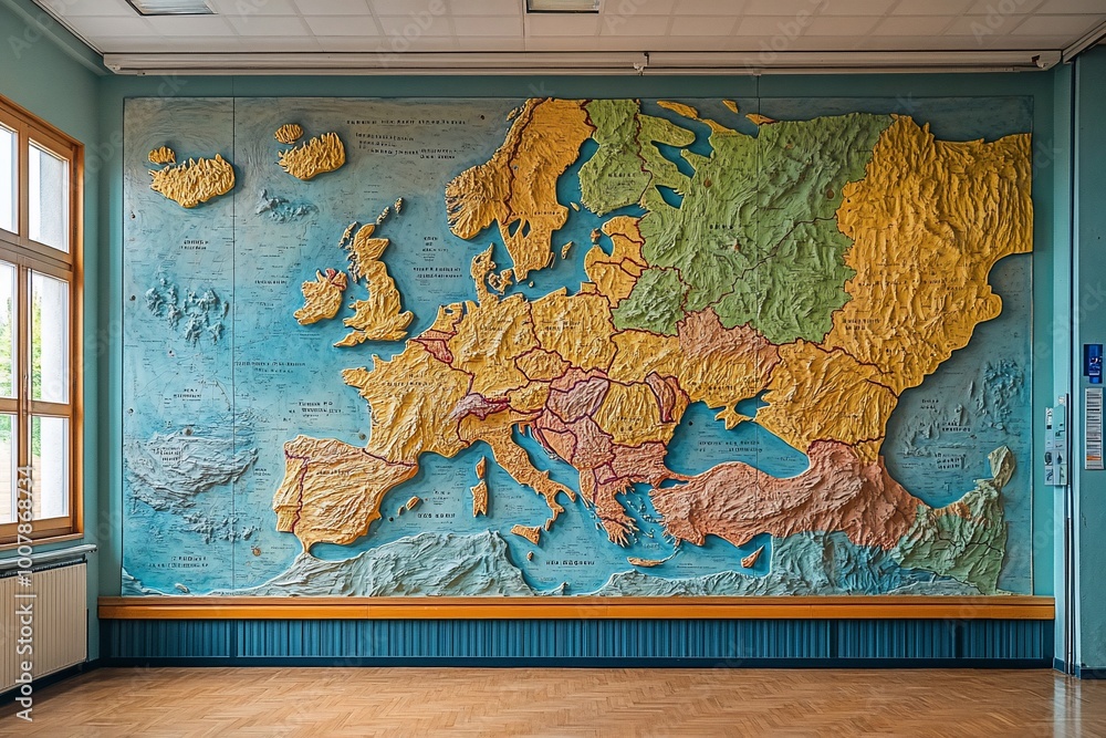 Naklejka premium A large, colorful, 3D relief map of Europe hangs on a wall in a room with blue walls, a wooden floor, and a window.