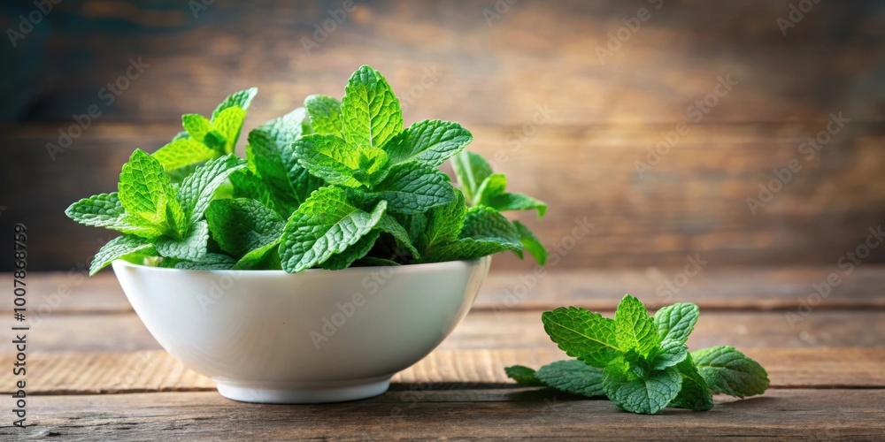 Fresh mint leaves in a white ceramic bowl on a wooden table, mint, fresh, aromatic, herb, green, organic, healthy, natural Fresh mint leaves in a white ceramic bowl on a wooden table, mint, fresh, aromatic, herb, green, organic, healthy, natural