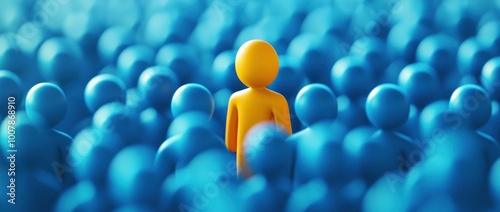 individuality, uniqueness, standing out, crowd, blue background, focus, concept of individuality, leadership A bright orange figure stands out among a sea of blue figures, emphasizing the theme of u photo