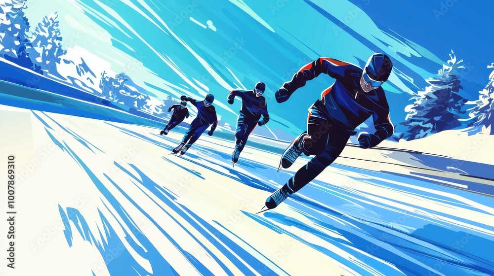 Dynamic illustration of speed skaters racing on an icy track, showcasing athleticism and winter sports excitement.