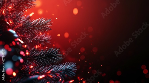 Glowing Christmas tree branches with festive bokeh lights