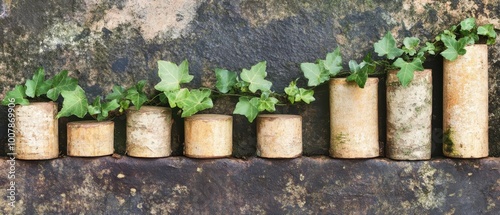 Various sized natural containers with greenery growing out of them, arranged in a line against a textured background. photo