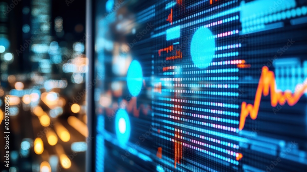 A vibrant, close-up view of a digital display showing data visualizations, including graphs and metrics, set against a blurred urban background. A vibrant, close-up view of a digital display showing data visualizations, including graphs and metrics, set against a blurred urban background.