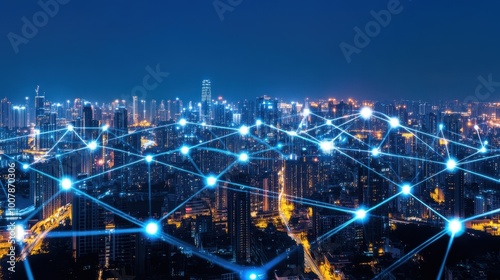 A stunning cityscape at night, interconnected with a web of digital lines and glowing nodes, representing urban technology and smart networks.