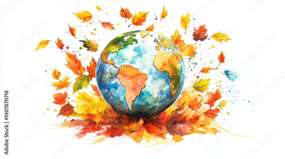 Naklejka premium Colorful watercolor illustration of Earth surrounded by autumn leaves, symbolizing nature and seasonal change.
