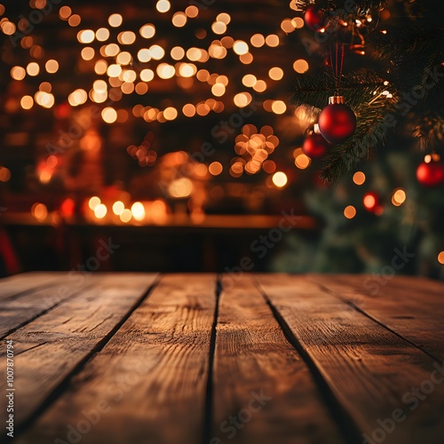 Empty wooden table with christmas theme in background