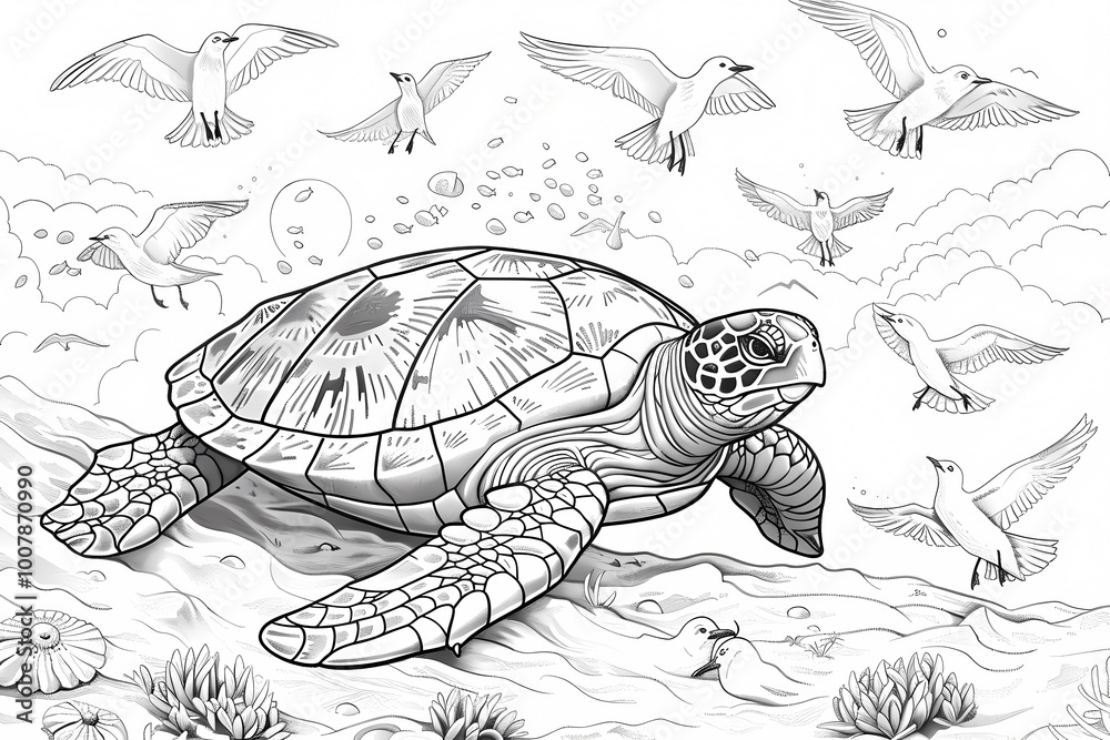 Fototapeta premium A detailed black and white illustration of a sea turtle surrounded by flying birds, capturing a serene underwater scene.