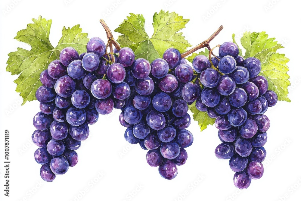 Fototapeta premium Vibrant purple grapes with lush green leaves, perfect for illustrating freshness, health, and natural beauty in food-related projects.
