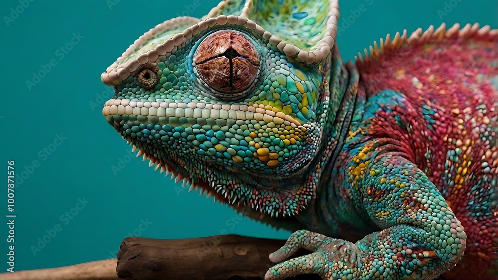 Obraz premium vibrant close up photograph of a chameleon, showcasing its intricate and colorful skin patterns displaying a mix of vivid blues, greens, reds, and yellows across its body
